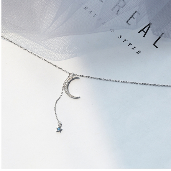 Pretty Silver Moon Blue Dangle Star Pendant Necklace - Picture 2 of 4